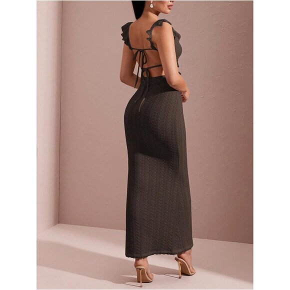 Women Solid Coffee Brown Crochet Ruffle Sleeveless Bodycon Long Maxi Dress - Picture 2 of 5